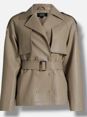 If Only Studio Women Brown Faux-Leather Belted Jacket Trench Coat Size L